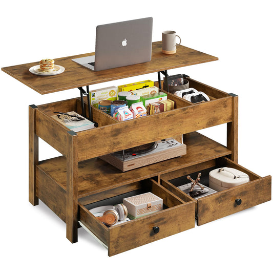 WLIVE Coffee Table, Lift Top Coffee Table with 2 Drawers, Large Hidden Hidden Compartment and Open Shelf, Lift Tabletop, Dining Table for Living Room, Rustic Brown