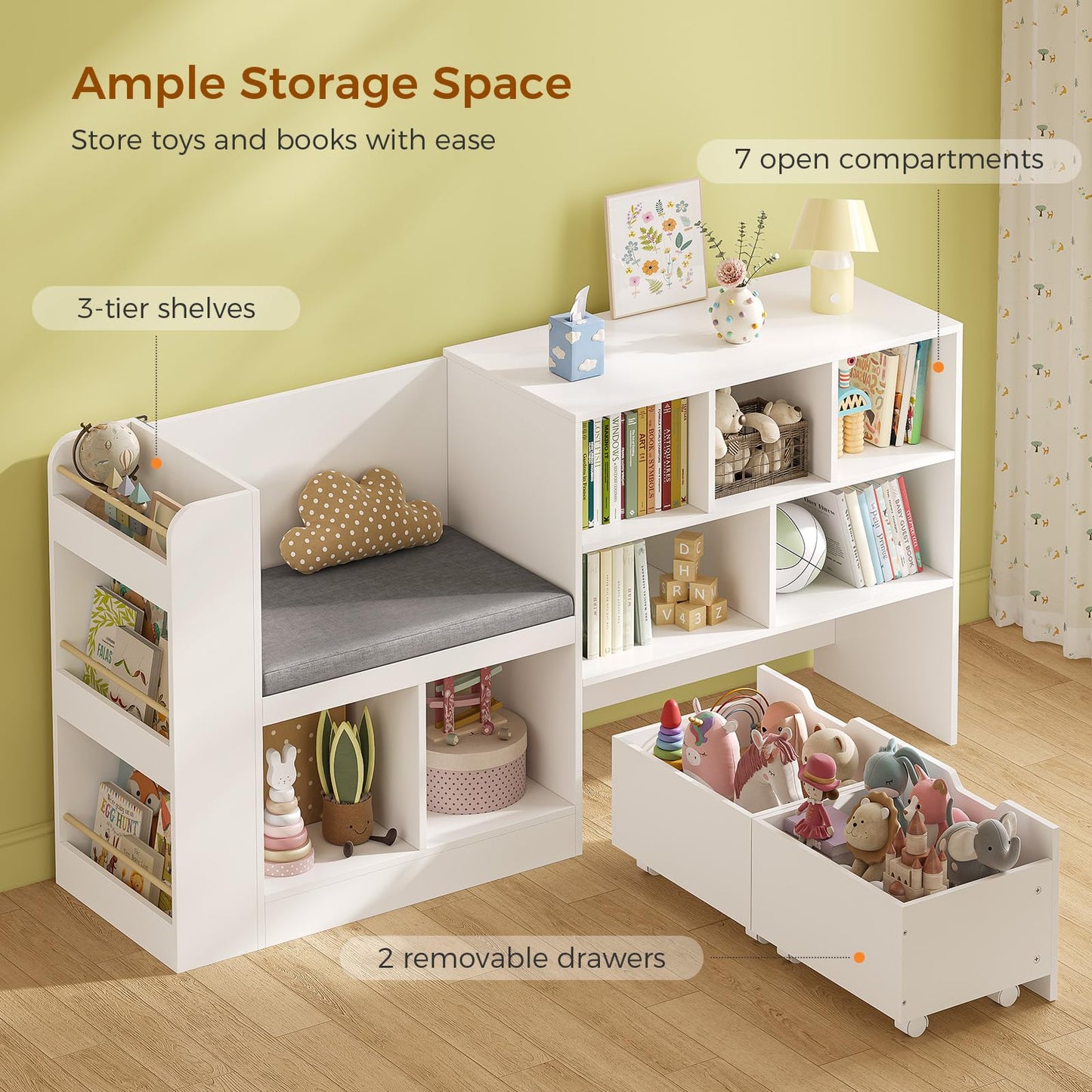 62.2” Kids Bookshelf with Reading Nook, Kids Bookcase with Seat Cushion and 6 Storage Cubbies, Side Shelves, Toy Storage with 2 Movable Drawers, Hidden Wheels, for Playroom and Bedroom, White