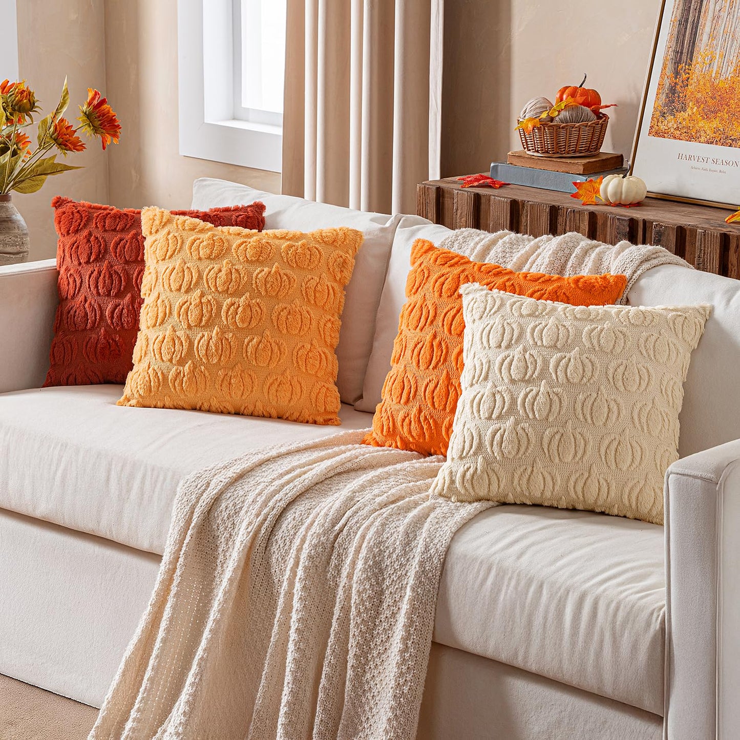 Woaboy Fall Pumpkin Pillow Covers Soft Cozy Plush 18x18 Inch Set of 4 Decorative Pillows Autumn Halloween Holiday Home Decor for Sofa Couch Porch Bed Living Room,Rust-Beige-2