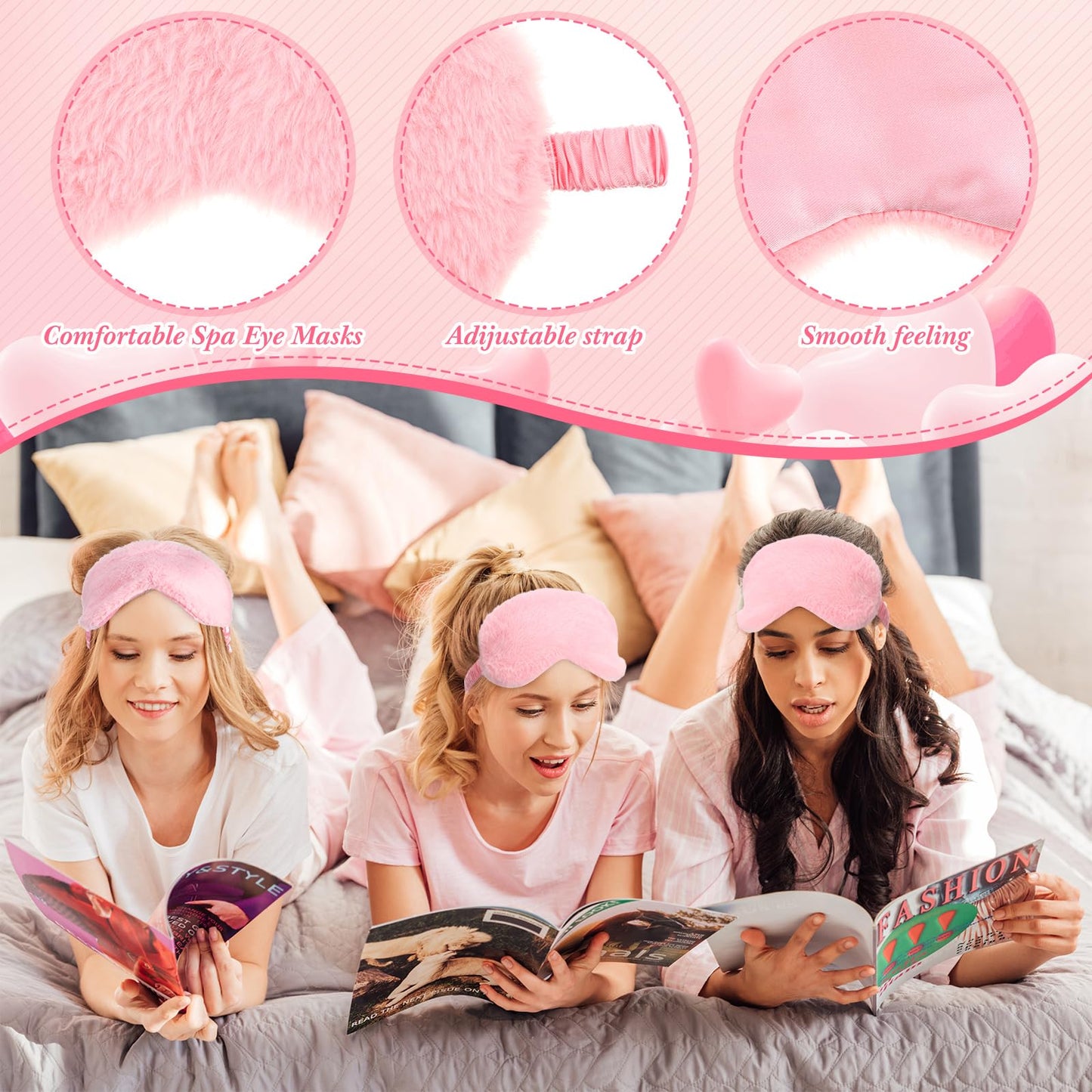 Wavyknot 42 Pcs Spa Sleepover Party Supplies Include 6 Sleep Eye Mask 6 Spa Headband 12 Wrist Washband 6 Velvet Scrunchies 6 Hair Claw Clips 6 Clear Cosmetic Bags for Girls Slumber Party Favors Gift