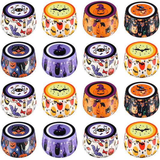12 Pack Halloween Cookie Tins with Lids 8 oz Candle Jars for Making Candles Large Capacity Round Tinplate with Lids Cookie Containers for Storing Candies Biscuits Treat Small Gift(Halloween)
