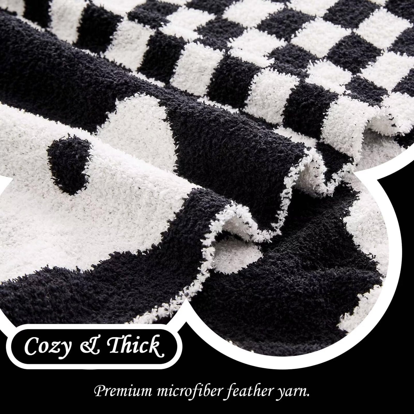 XIBLC Checkered Throw Blanket, Black Super Soft Knit Breathable Throw Blanket, Cozy Fluffy Reversible Checkerboard Flower Fuzzy Blanket for Couch Sofa Bed Living Room Decor 60 x 80 Inch