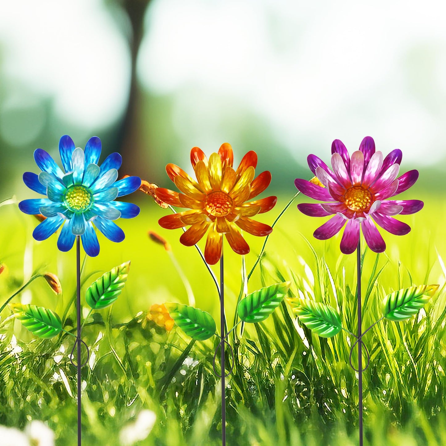 Voltogar Metal Flower Garden Stake for Outside, 3 Pcs 16" H Outdoor Garden Stakes Decor, Yard Outdoor Ornaments for Patio, Lawn, Patio(Yellow & Purple & Blue)