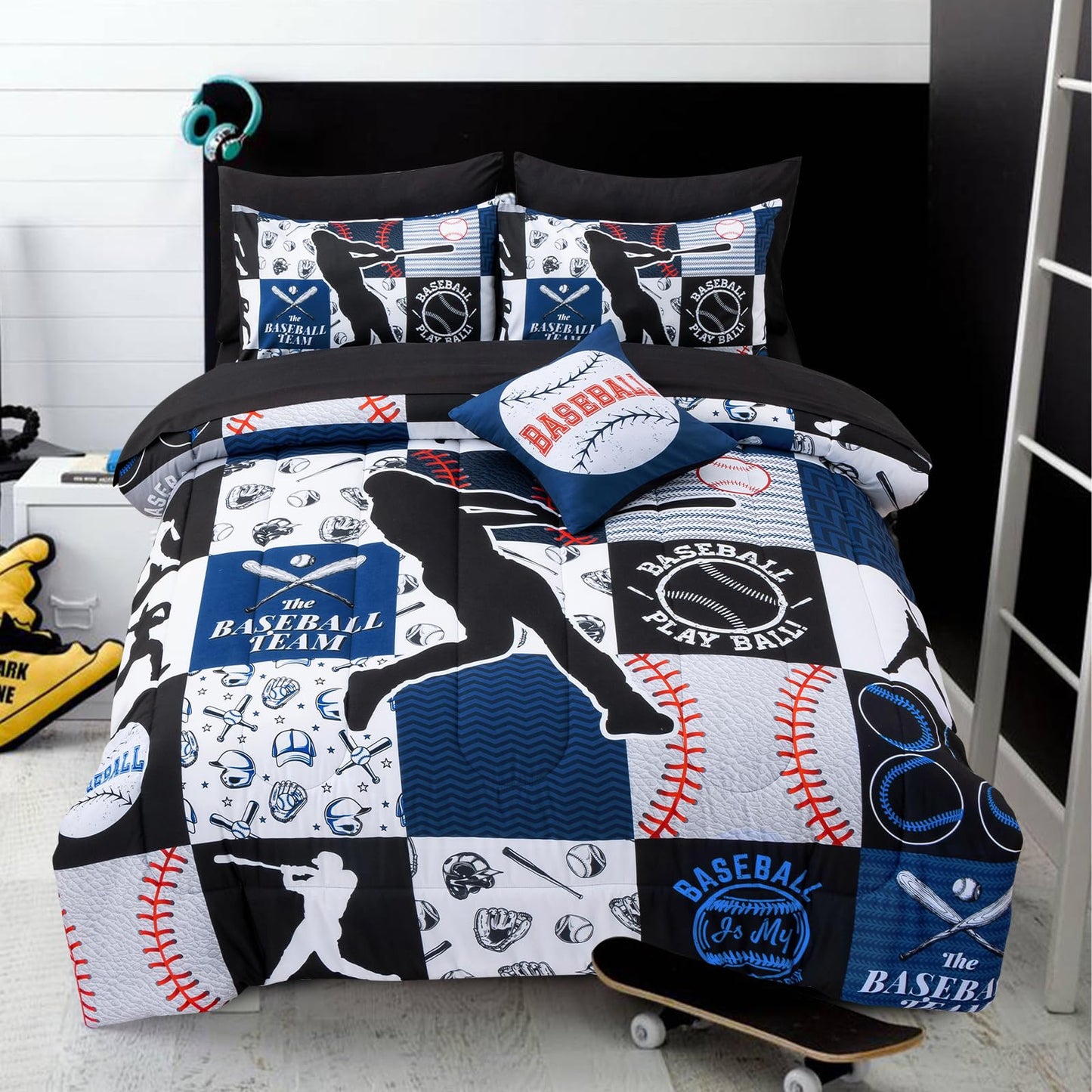 A Nice Night Sports Geometric Grid Black Patchwork Baseball Printed for Boys Twin 6Pcs Bed in A Bag Comforter Bedding Set,Blue