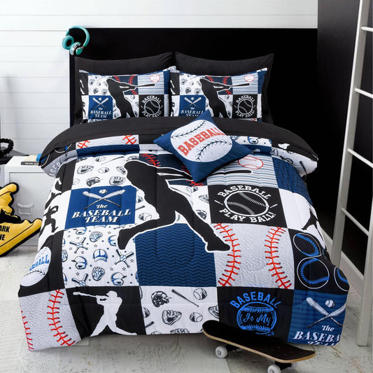 A Nice Night Sports Geometric Grid Black Patchwork Baseball Printed for Boys Twin 6Pcs Bed in A Bag Comforter Bedding Set,Blue