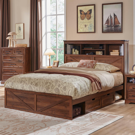 ACCOHOHO Farmhouse Queen Size Wood Bed Frame with 52" Tall Storage Headboard and 4 Drawers,LED Light,Charging Station,Solid Wood Slats Support,Noiseless,No Box Spring Needed,Brown