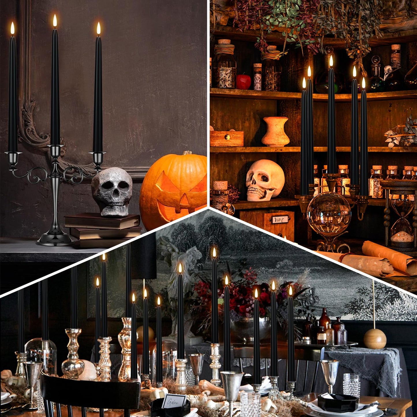 Wondise Halloween Flameless Taper Candles with Remote & Timer, 4 Pack Black Candles Battery Operated LED 3D Wick Flickering for Halloween Table Decorations
