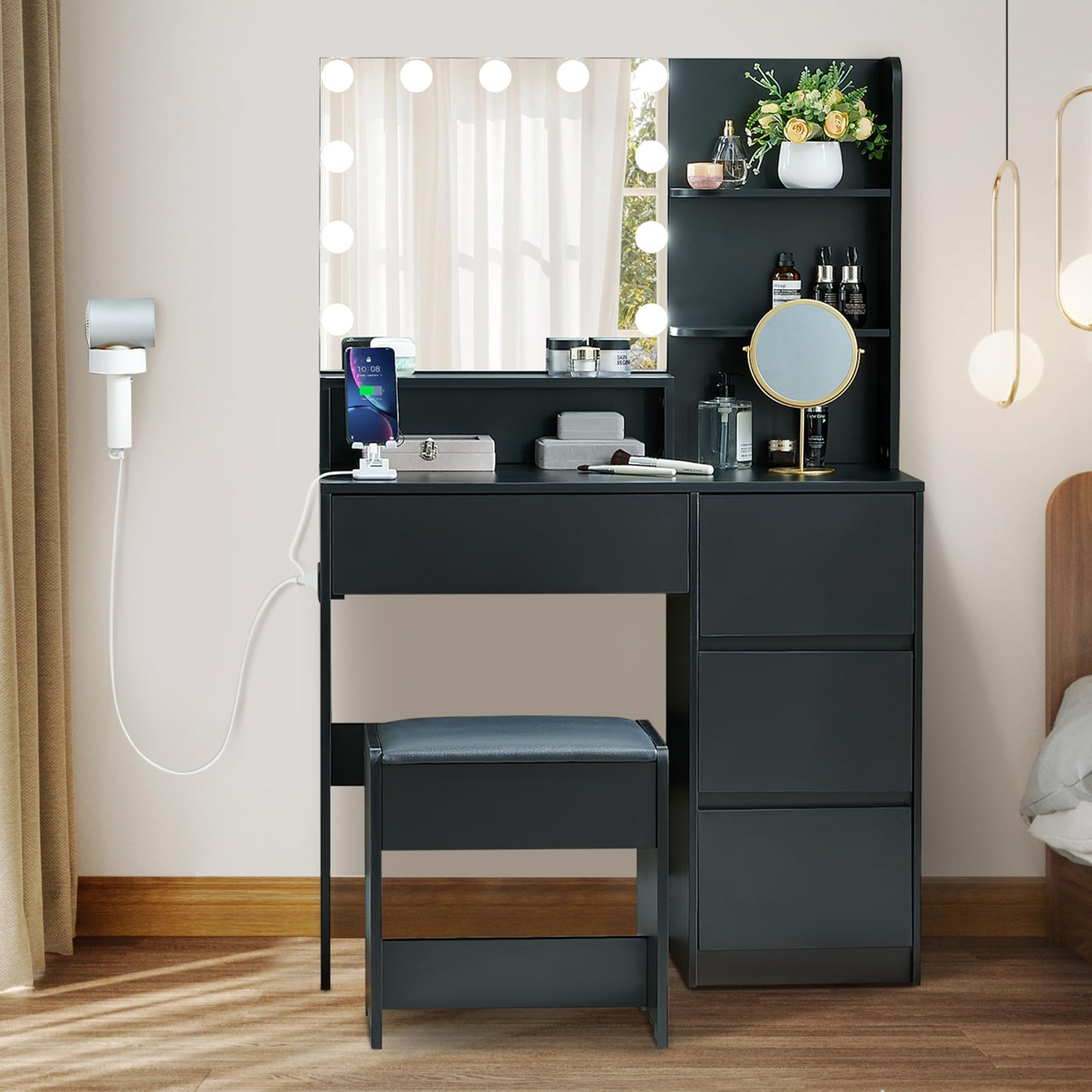 Alaxgumrol Black Vanity Desk with Mirror and Lights- Makeup Vanity Table Set with Power Outlet, 4 Drawers and Stool, Small Makeup Table with 3 Lighting Color Adjustable for Bedroom