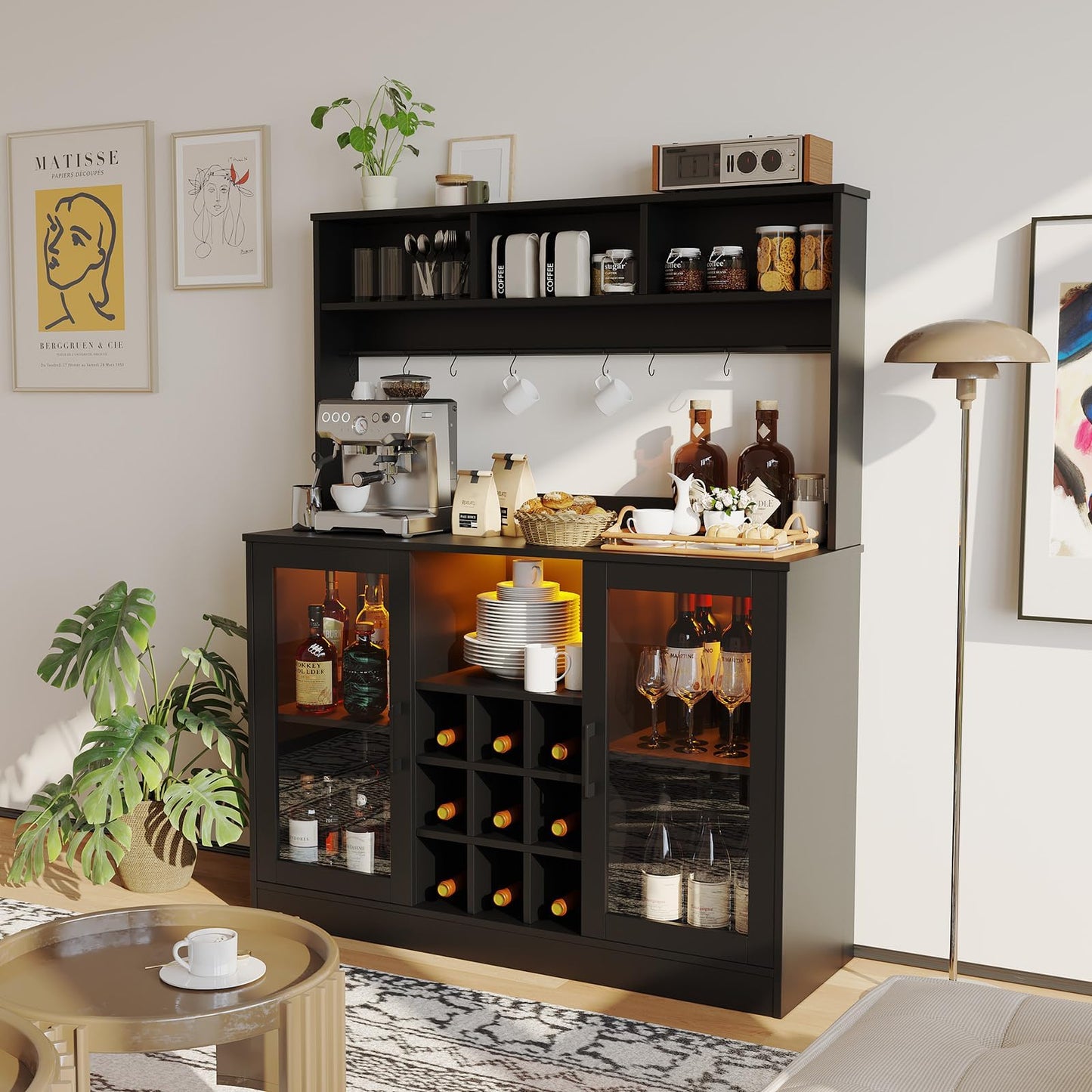 Wine Bar Cabinet with LED Light and Power Outlet, Liquor Cabinet with 9 Wine Racks, 6 Hooks and Adjustable Shelf, Coffee Bar Cabinet Buffet Sideboard for Kitchen and Living Room, Black, 47.2"D x 15.74