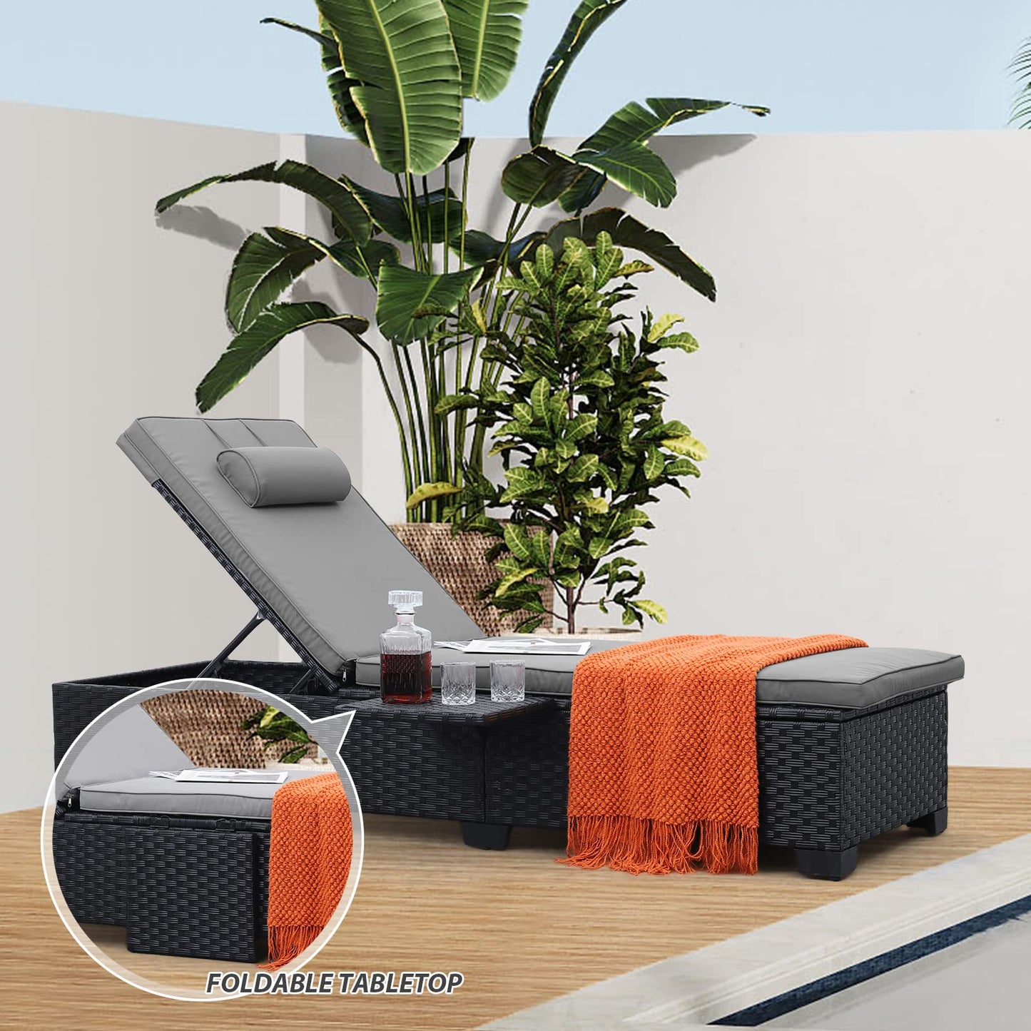 WAROOM Outdoor Chaise Lounge Chairs for Outside Patio Furniture Set of 2 Wicker Recliner Black Rattan Reclining Pool Sunbathing Chair Adjustable Backrest Lounger with Grey Cushion