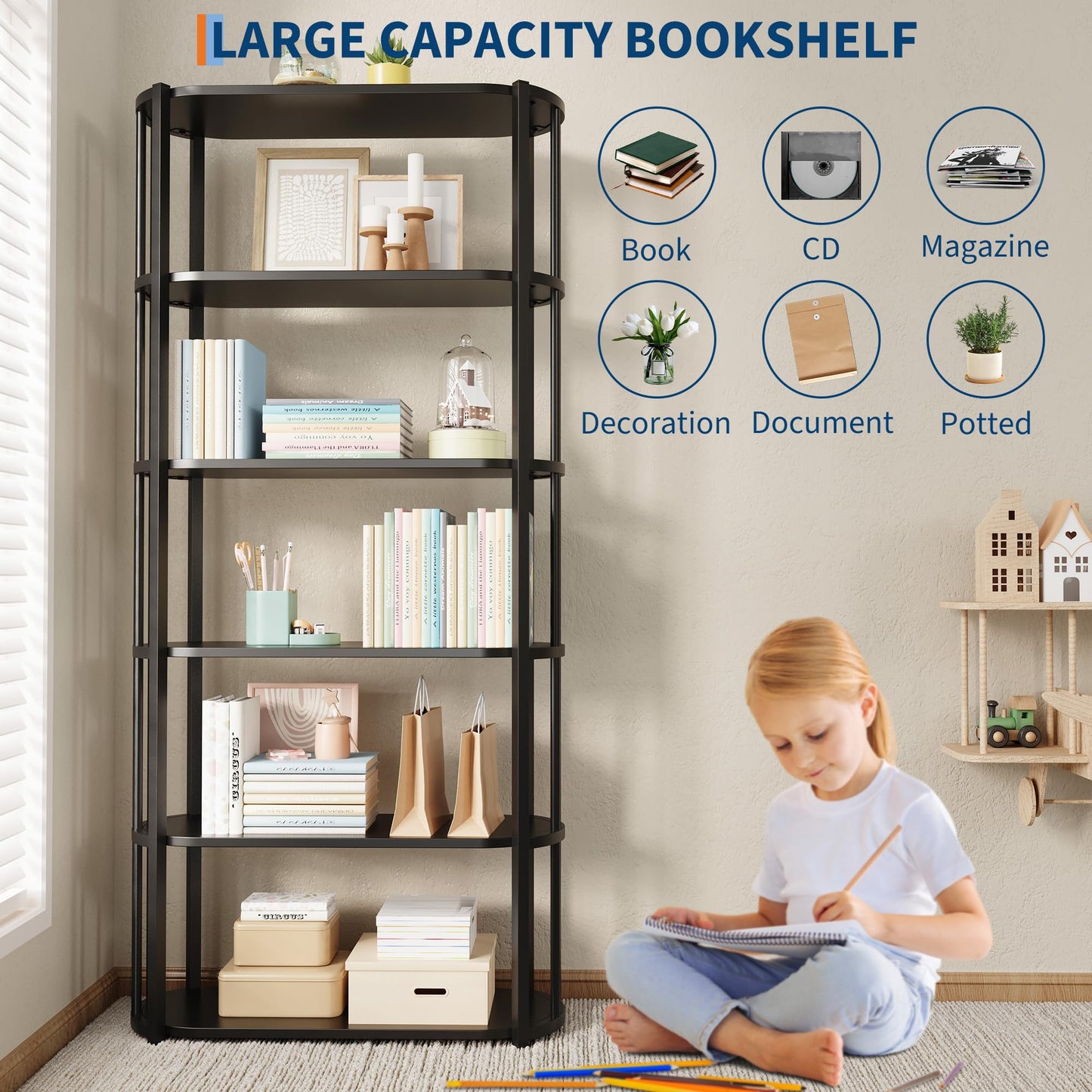 71 Inches Wooden Bookshelf, 6 Tier Industrial Tall Book Shelf, Metal Frame Large Open Bookcase, Freestanding Wooden Bookshelf Storage Rack for Bedroom, Living Room, Home Office, Rustic Brown and Black