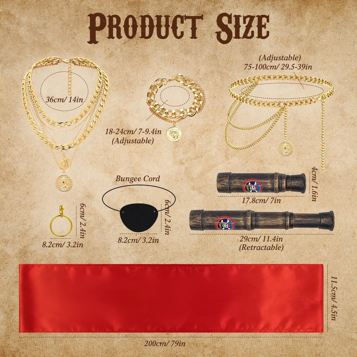 8 Pcs Pirate Costume Accessories for Women Men, Bandanas Head Scarf Eye Patch Sash Necklace Bracelet Chain Belt Earring Telescope Pirate Accessories for Halloween Cosplay Party