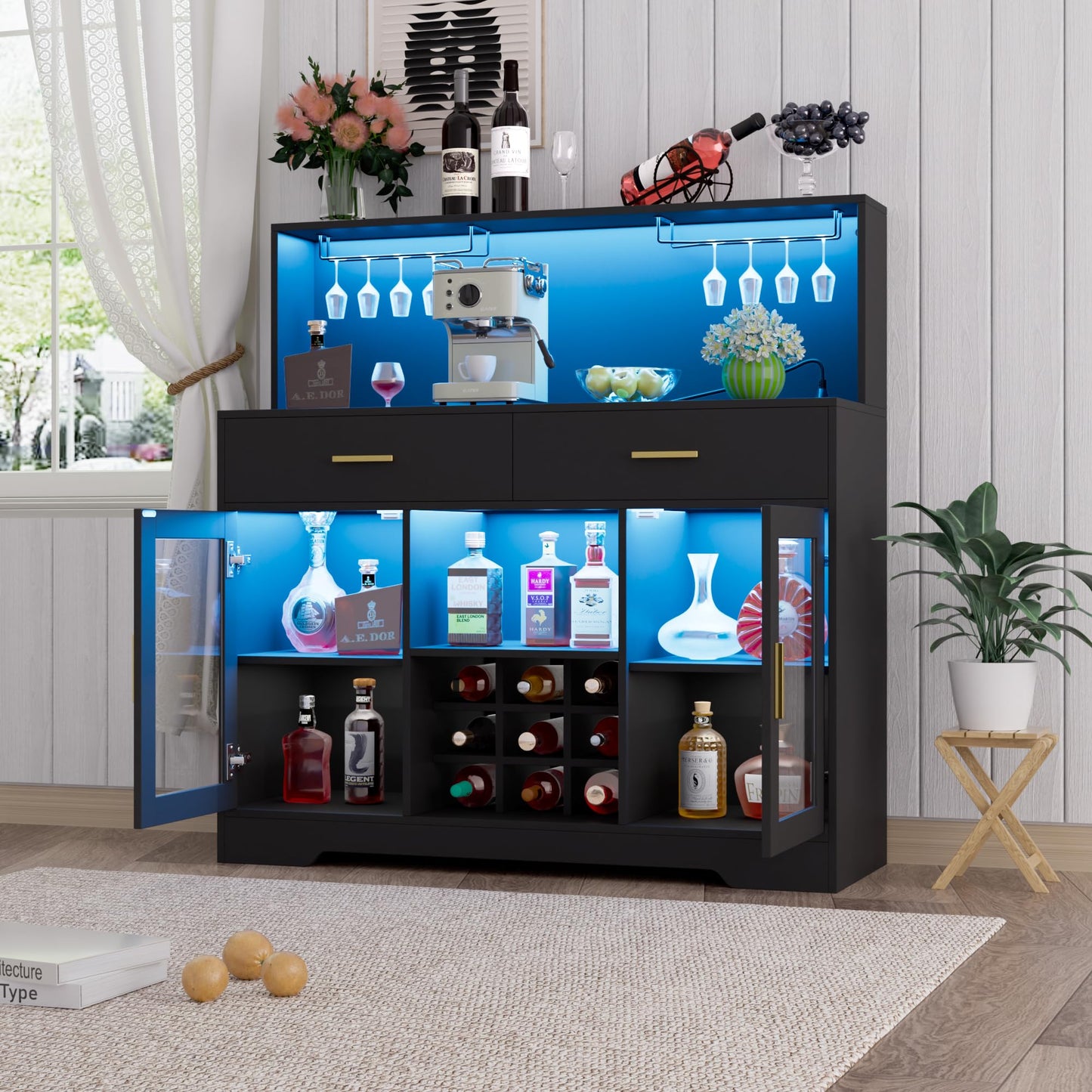 Wine Bar Cabinet with LED Light, Kitchen Coffee Bar Cabinet with Power Outlet, Home Liquor Cabinets with Glass Holder and Wine Racks, Modern Buffet Sideboard with Storage for Living Room, Kitchen