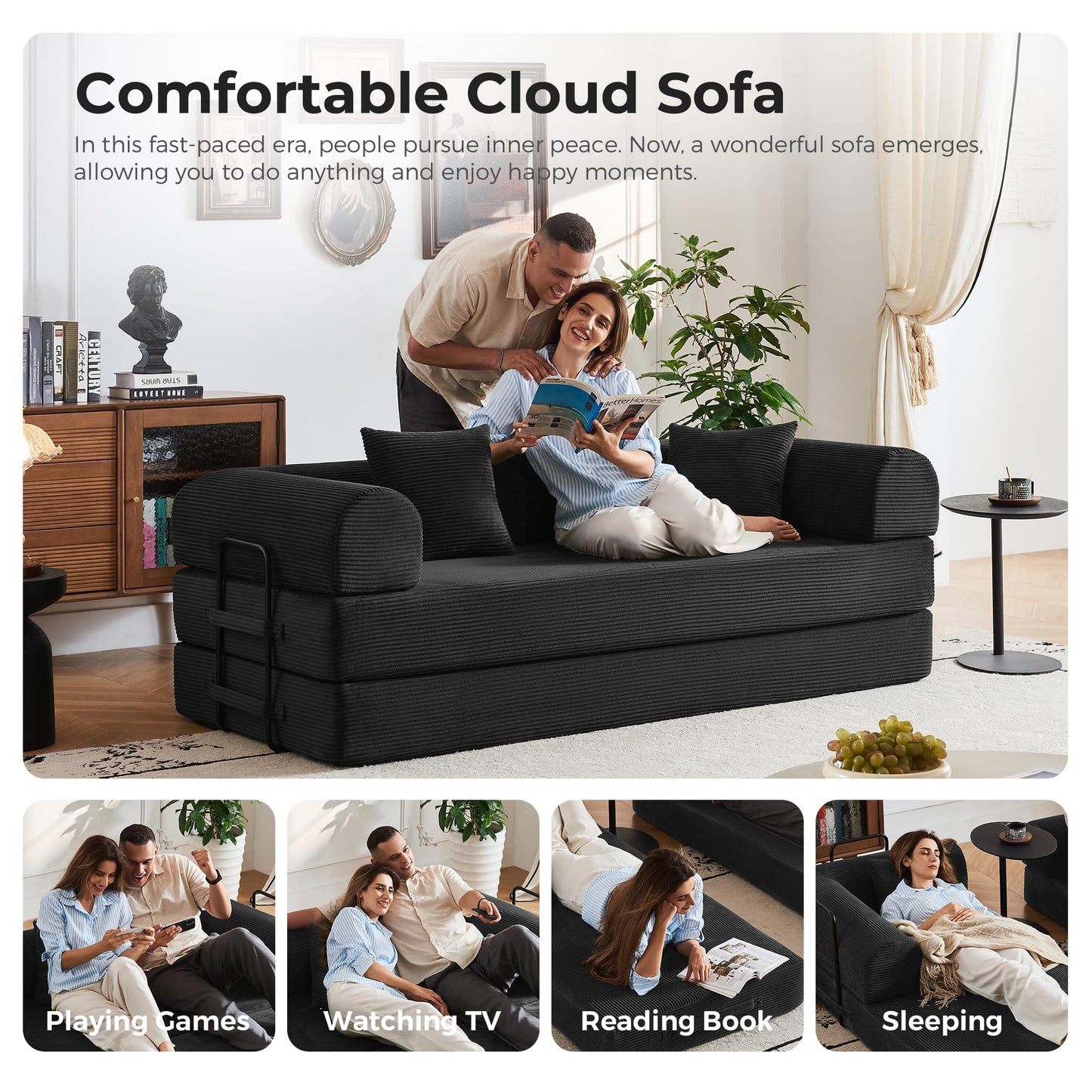 79" Modular Sofa Bed, Convertible Sleeper Sofa Bed, Couch Bed with Fixed-Shape Frame, Corduroy Floor Sofa Lounge Couch, Couches for Living Room with 2 Pillows, No Assembly Required, Black