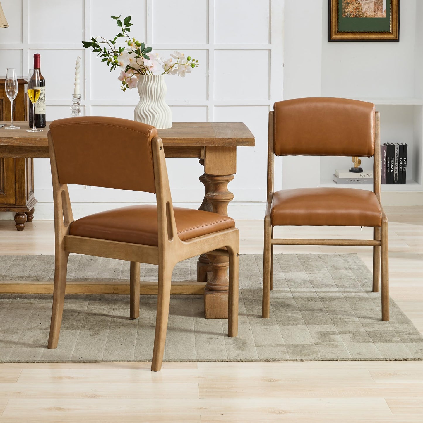 Wahson Mid Century Armless Dining Chairs Set of 2, Country Farmhouse Kitchen With Natural Hardwood Legs, Faux Leather Upholstered Accent Chairs for Dining Room, Brown
