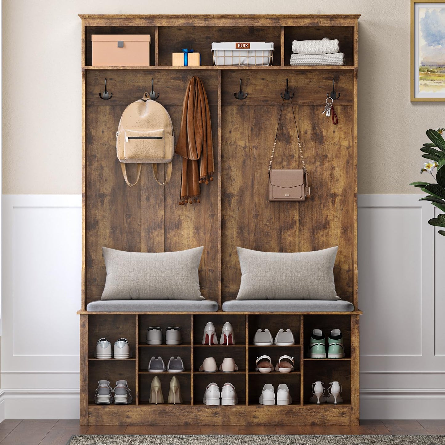 Wodeer Entryway Hall Tree with Bench and Shoe Storage, 53" Farmhouse 4-in-1 Mudroom Storage Organizer with Coat Rack, 6 Double Hooks, 12 Shoe Cubbies, Adjustable Shelf, for Hallway, Bedroom, Brown