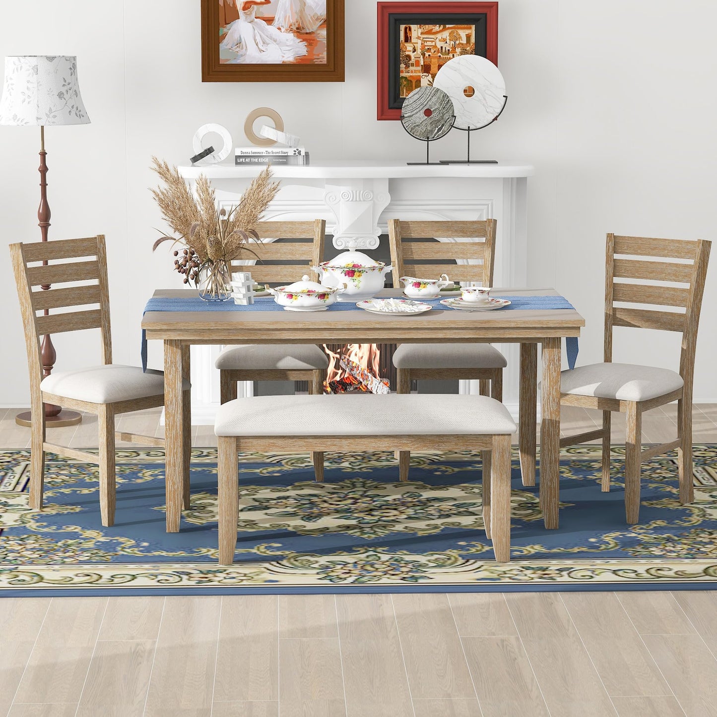 6-Piece Dining Table Set with Bench for 6 Rectangular Kitchen Table Set with 4 Chairs & Bench Retro Dining Room Table and Chairs for Kitchen, Dining Room (Natural)