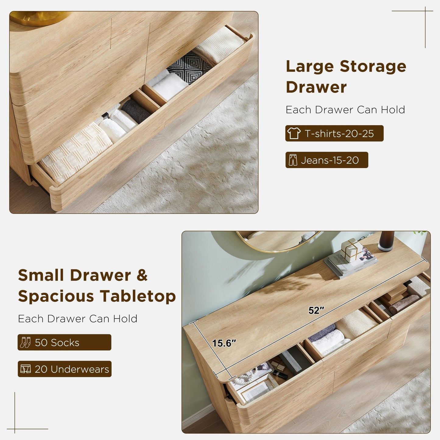 ACCOHOHO Modern 9 Drawer Dresser for Bedroom, Farmhouse 52" Wide Dresser TV Stand with Large Drawers, Natural Texture, Curved Angle for Room, Hallway and Entryway, Nutural Oak