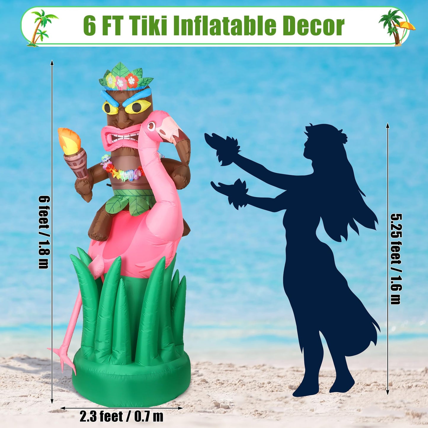 Vivantia 6 Ft Inflatable Tiki Flamingo Decor Hawaiian Tiki Inflatable with Air Blower LED Lighted Outdoor Decoration Blow Up Garden Decor for Summer Tropical Yard Garden Hawaiian Party Supplies