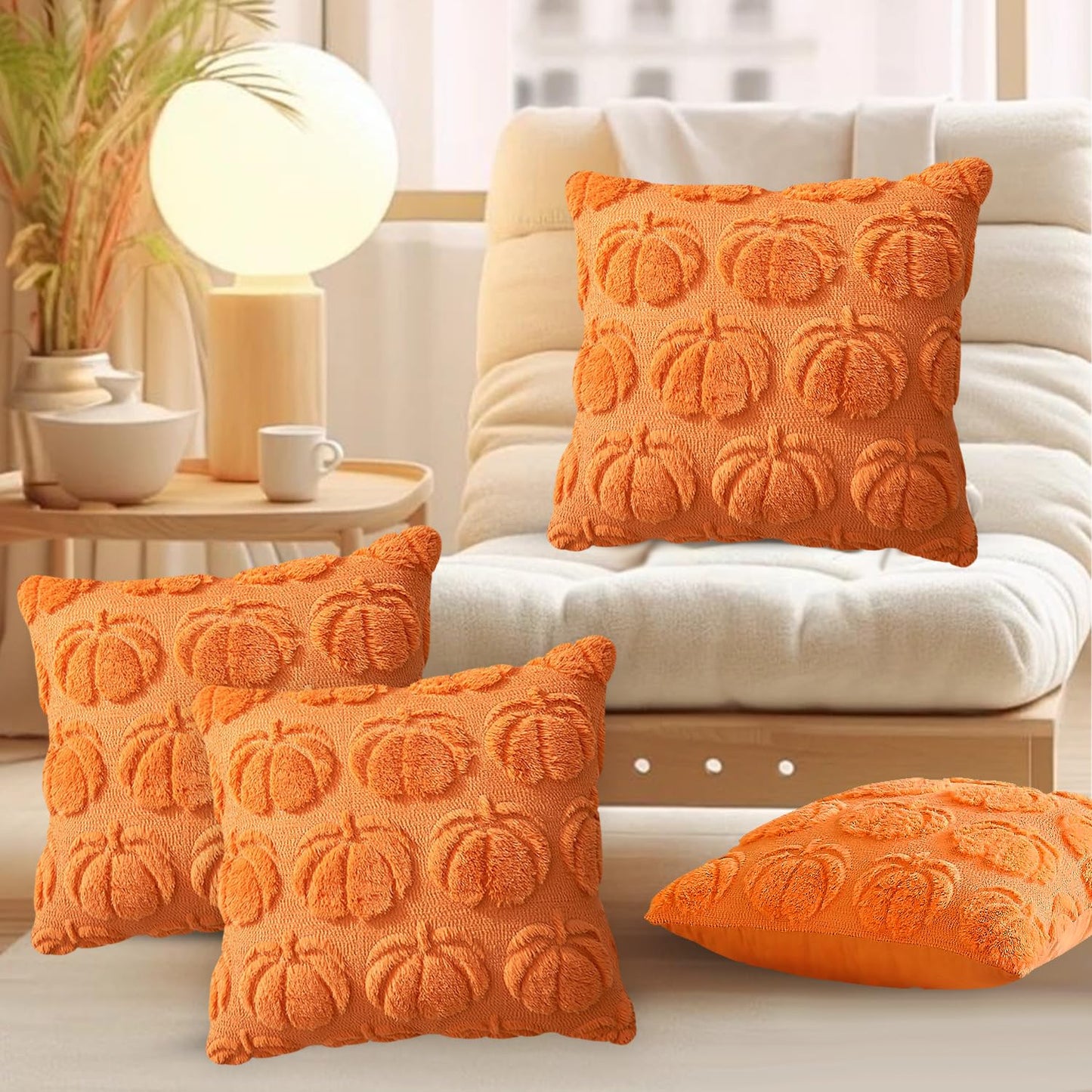4 Pcs Fall Throw Pillow Covers 18x18, Autumn Decorations Soft Faux Fur Pillow Covers, Fluffy Plush Accent Pillow Cases for Harvest Thanksgiving Cushion Covers Sofa Home Decor(Pumpkin Orange A)