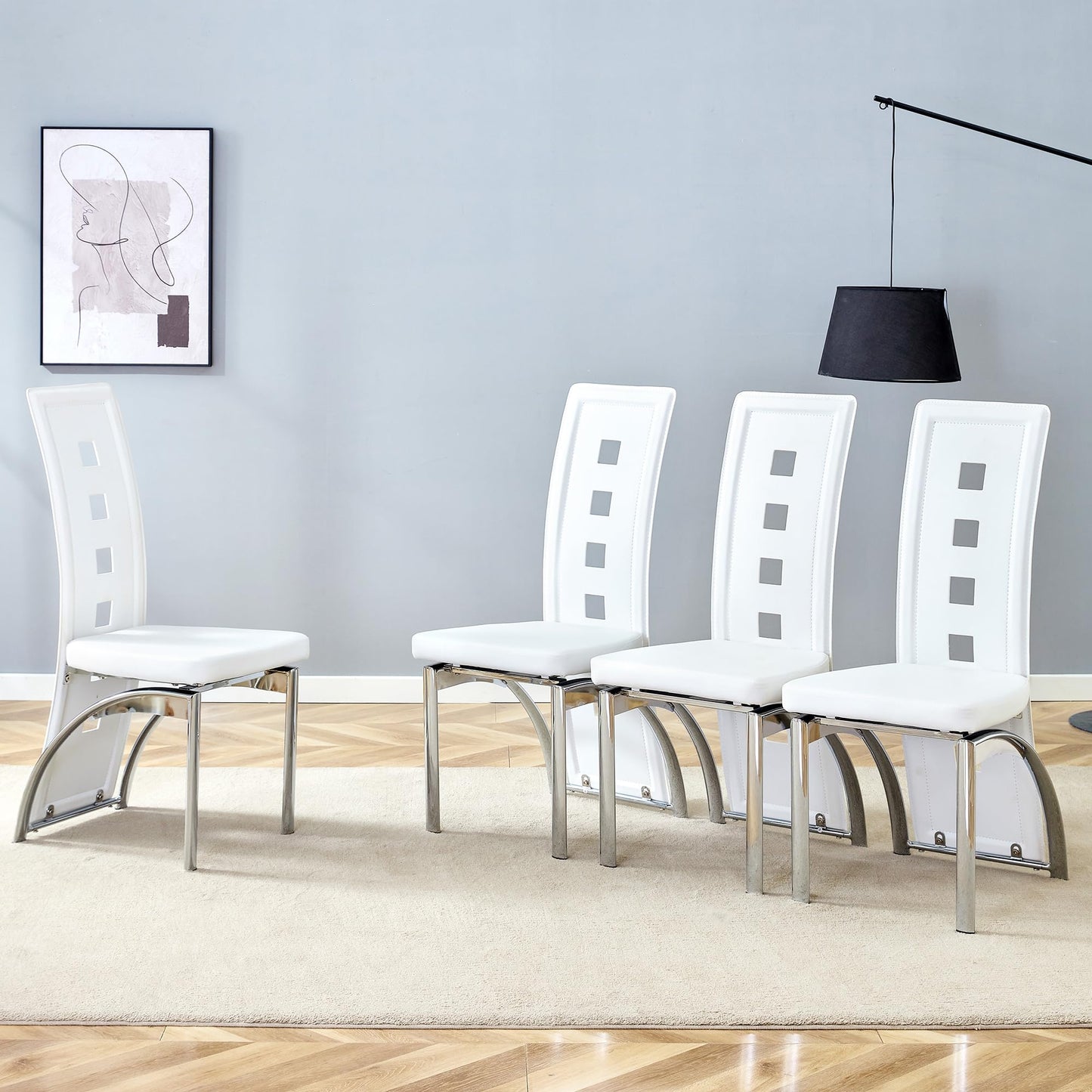 White Dining Chairs Set of 4, Modern Dining Room Chairs Set of 4, Upholstered PU Leather Kitchen Chairs with Silver Metal Legs, High Backrest Armless Seating for Kitchen, Dining Room