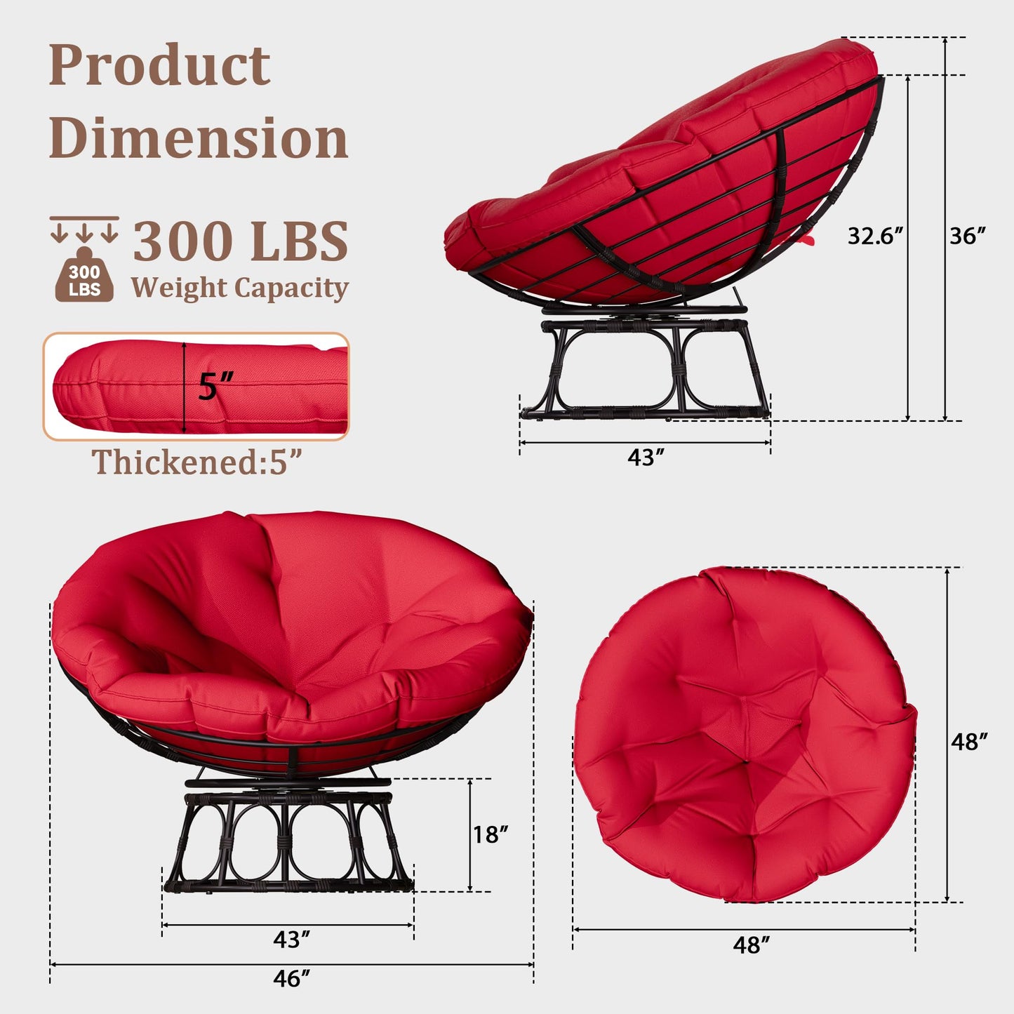 46" Papasan Chair with Cushion and Frame, Ergonomic Wicker Papasan Circle Chair for Living, Bedroom, Reading Room, Lounge