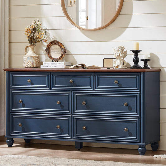 7 Drawers Dresser for Bedroom, Farmhouse 54" Wide Wood Dressers Chest of Drawers, Vintage Design TV Stand, Rustic Storage Dresser Organizer with Metal Handle Closet for Living Room, Hallway