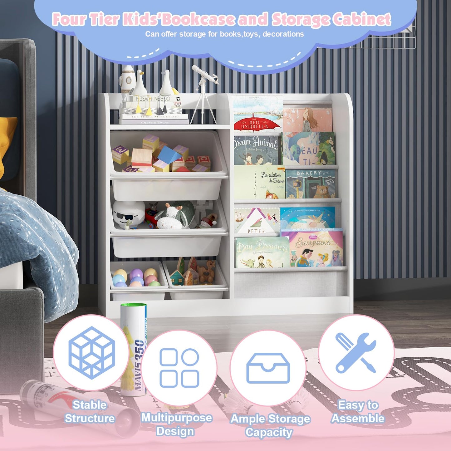 White Kids Wood Bookshelf Toy Storage Box Organizer Shelf W/4 Removable Plastic Toy Bins Children Bookcase Toddler Baby Sling Book Rack Cabinet Chest Girl Boy Gift Playroom Classroom Bedroom Nursery