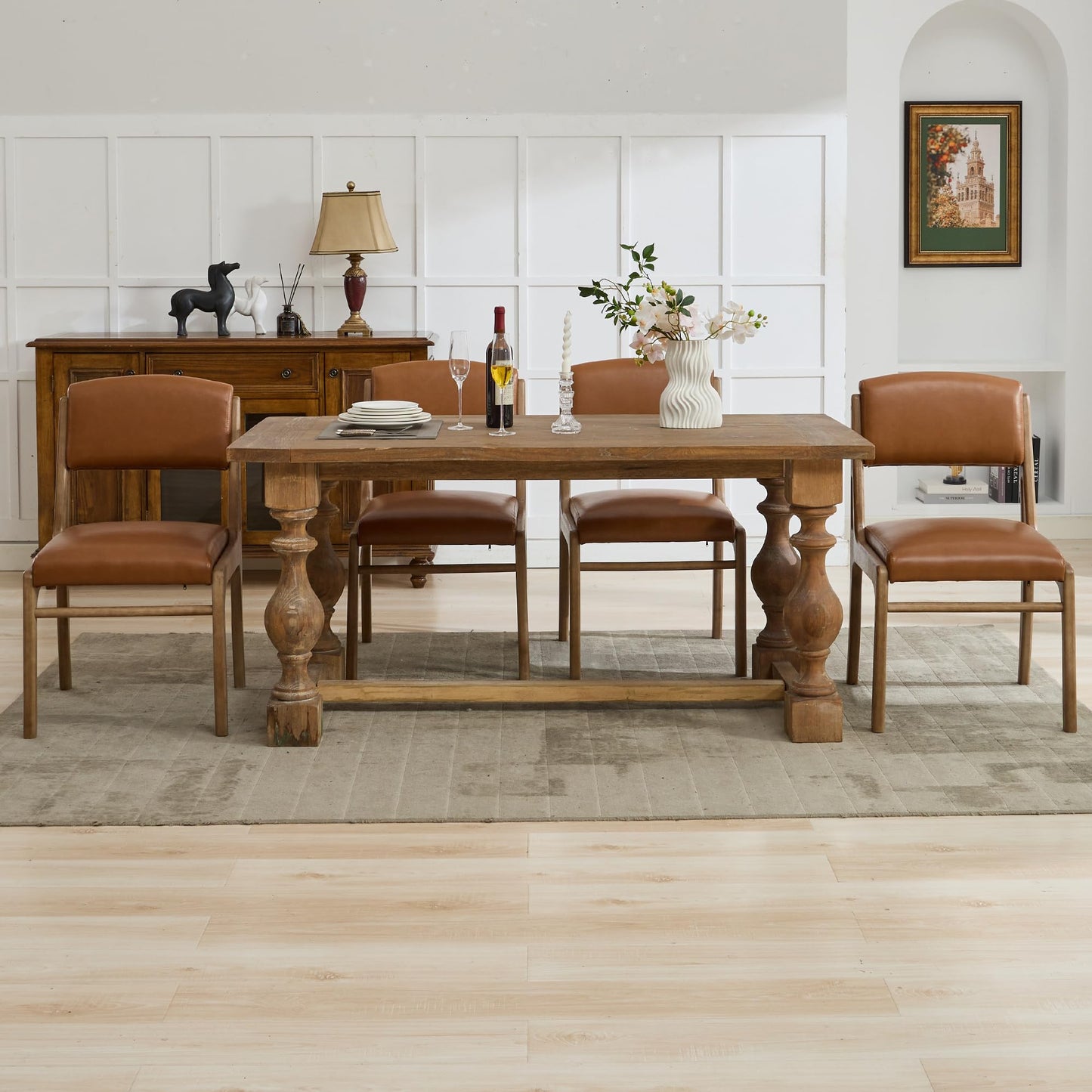 Wahson Mid Century Armless Dining Chairs Set of 2, Country Farmhouse Kitchen With Natural Hardwood Legs, Faux Leather Upholstered Accent Chairs for Dining Room, Brown