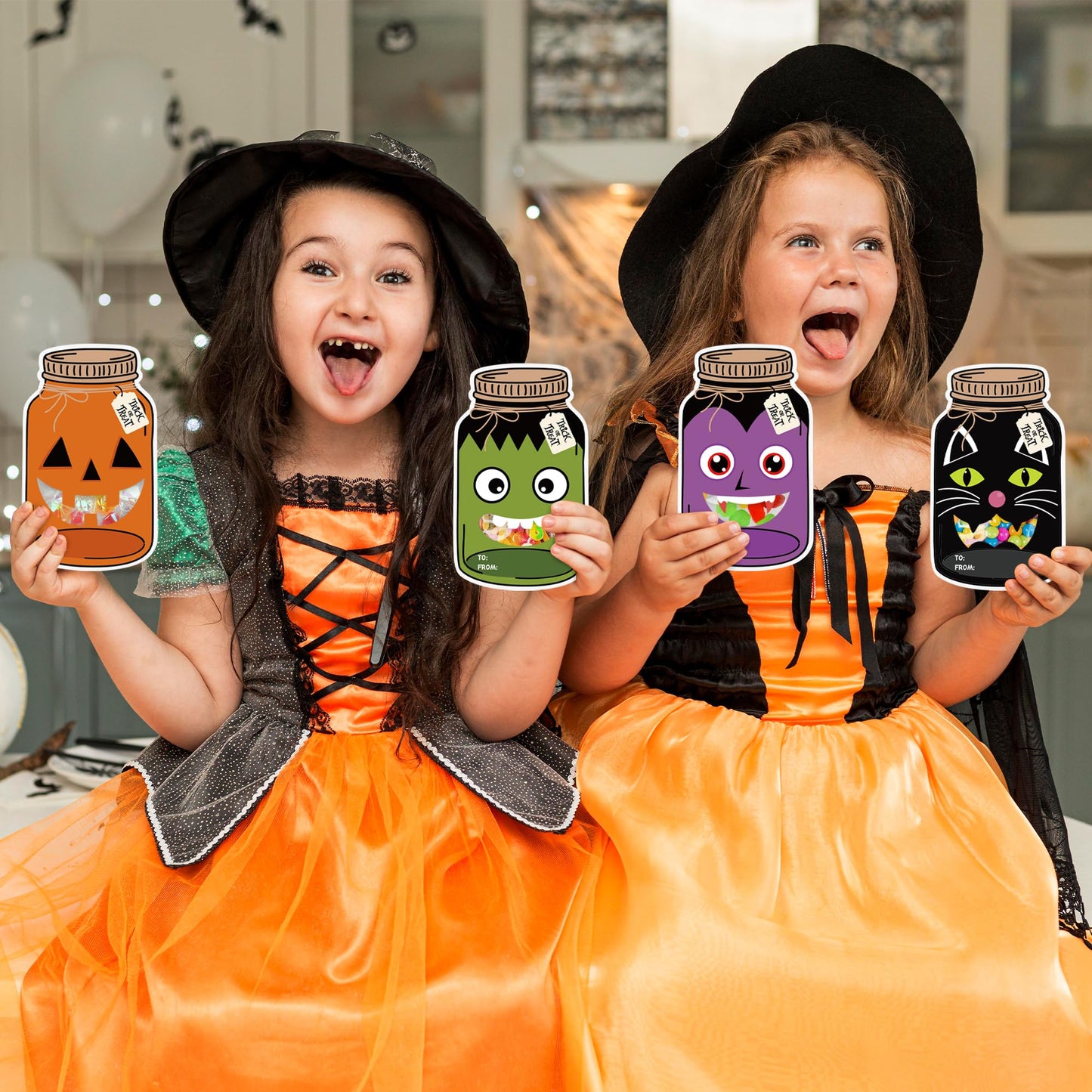 60 Pack Halloween Mason Jar Cards Halloween Candy Holder Cards for Kids Trick or Treat Classroom Prizes Exchange Gifts Card with Treat Bags for School Classroom Prize Gift Party Favors (Candy Not Included)