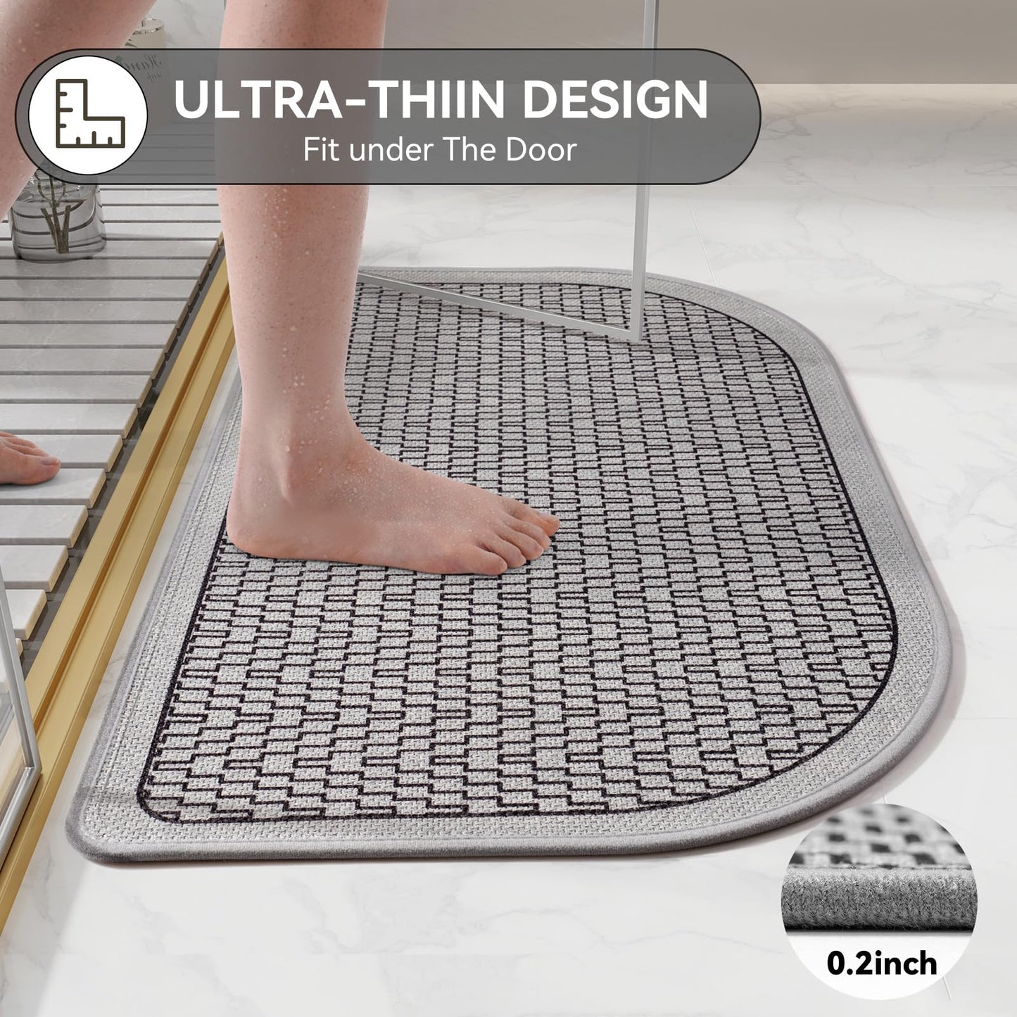 YDKGL Ultra Thin Bathroom Rugs Mat Quick Dry Absorbent Non Slip Bath Mat Bath Mats for Bathtub Mat Bathroom Carpet Fit Under Door Woven Washable Floor Rubber Half Round Bath Rugs Grey 16x24