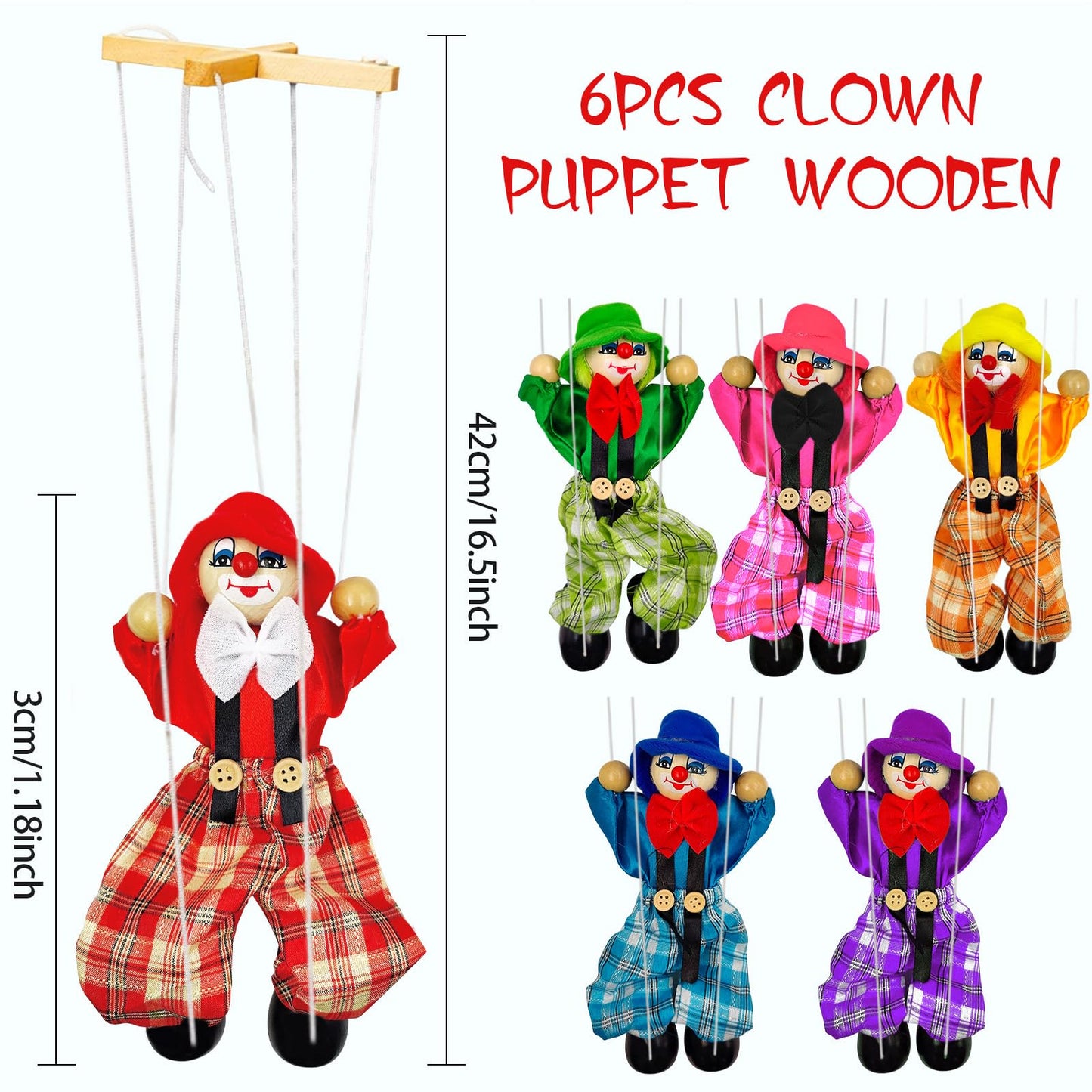6 Pack Wooden Marionette Puppets Clown Pull String Puppets Movable Hands and Feet for Family Men Women Pretend Play Puppetry Party