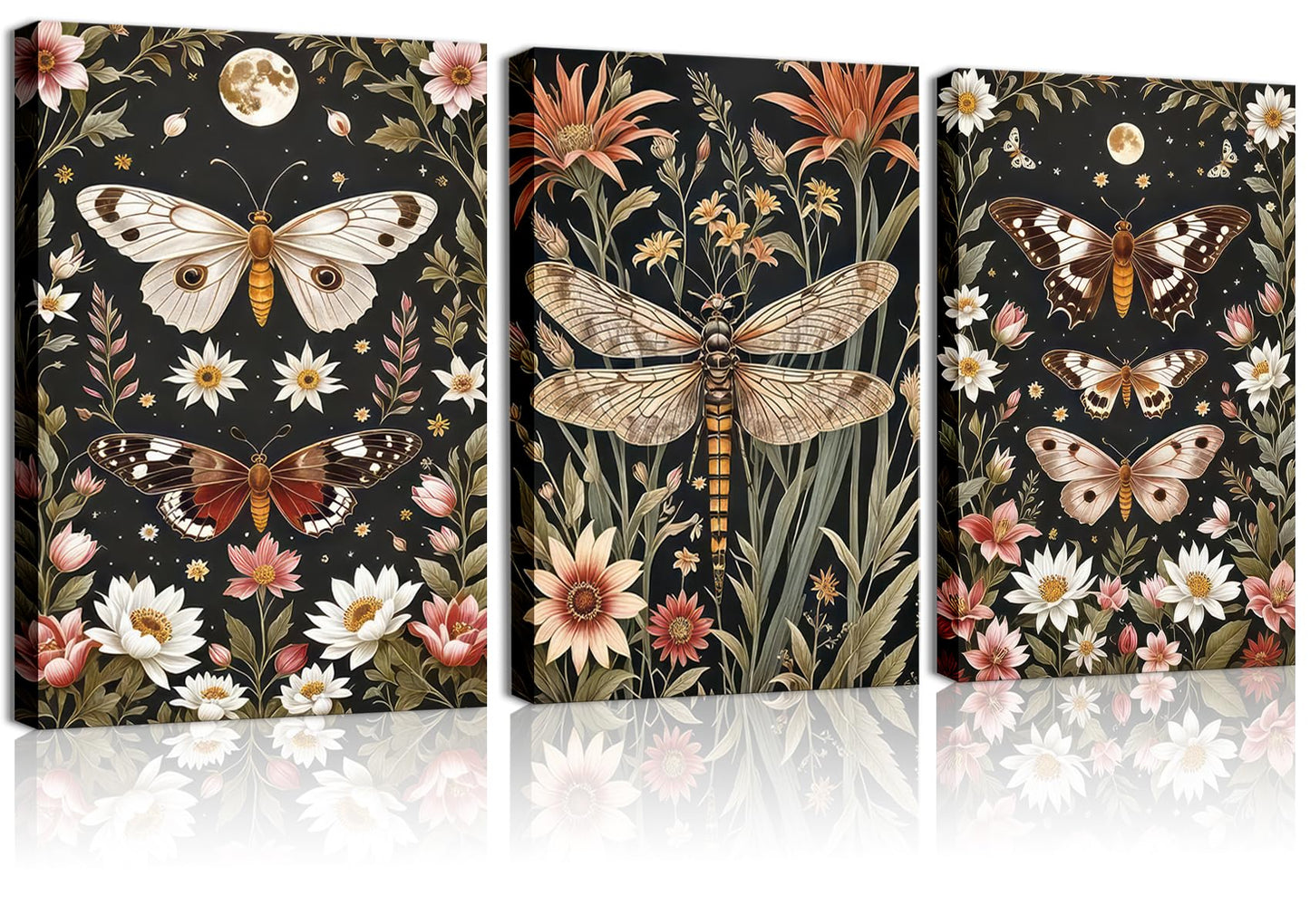 3Pcs Vintage Insect Wall Art Moody Insect Canvas Pictures Butterfly and Dragonfly Prints for Living Room Bedroom Bathroom 12x16in Canvas