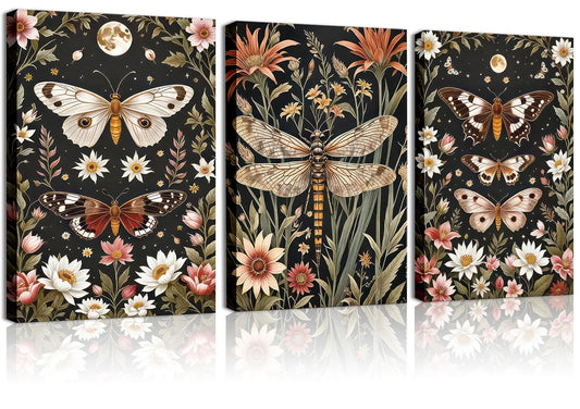 3Pcs Vintage Insect Wall Art Moody Insect Canvas Pictures Butterfly and Dragonfly Prints for Living Room Bedroom Bathroom 12x16in Canvas