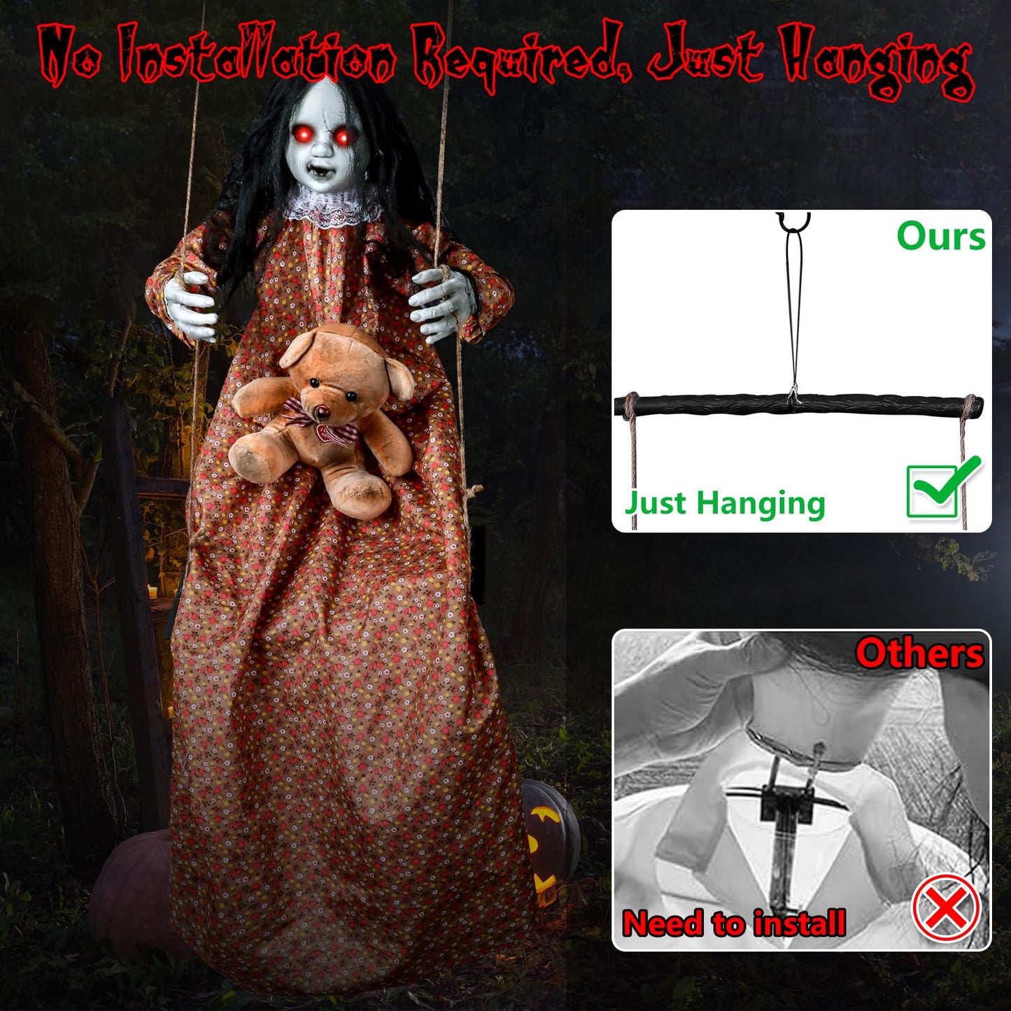 3.75 Ft Scary Halloween Decorations Outdoor, Halloween Hanging Swinging Girl with Sound & Touch Activated/Creepy Sound/Light Up Eyes/Scary Expression, Halloween Decor Props for Indoor Outside