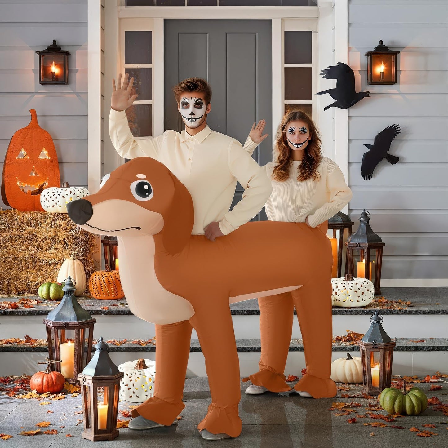 XYJKIDSES Couple Inflatable Dachshund Costume for Adult Halloween Blow Up Costumes 2 People Funny Dog Costumes for Men Women Cosplay