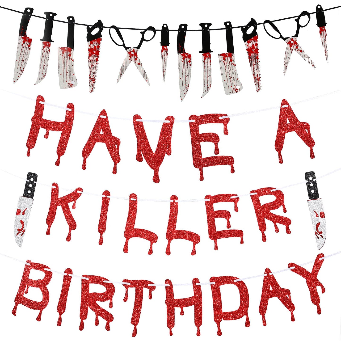 4 Pcs Have A Killer Birthday Banner Halloween Party Decorations Knife Hanging Banner for Halloween Horror Themed Birthday Supplies
