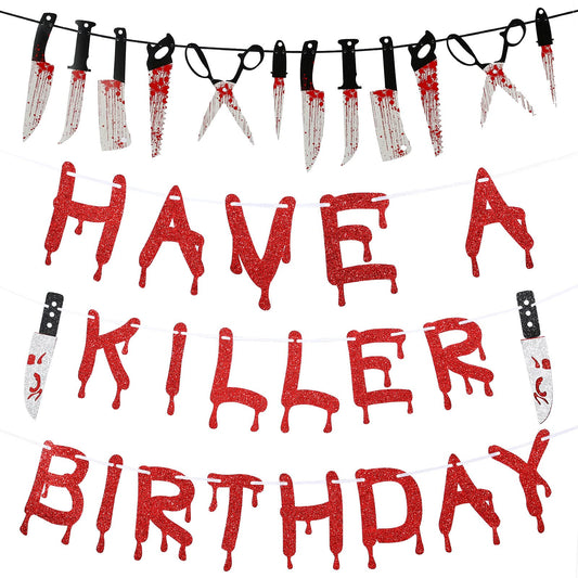 4 Pcs Have A Killer Birthday Banner Halloween Party Decorations Knife Hanging Banner for Halloween Horror Themed Birthday Supplies