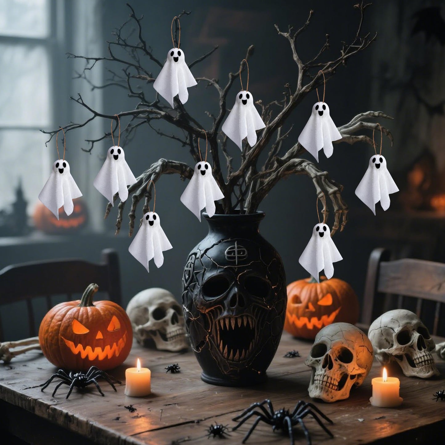 Watayo 16 Pcs Halloween Hanging Ghosts Decoration, 3.5" x 3" Outdoor Small Ghosts Tree Ornaments, Farmhouse Rustic White Cloth Ghost Hanging Decor for Yard Lawn Haunted House Party Decor