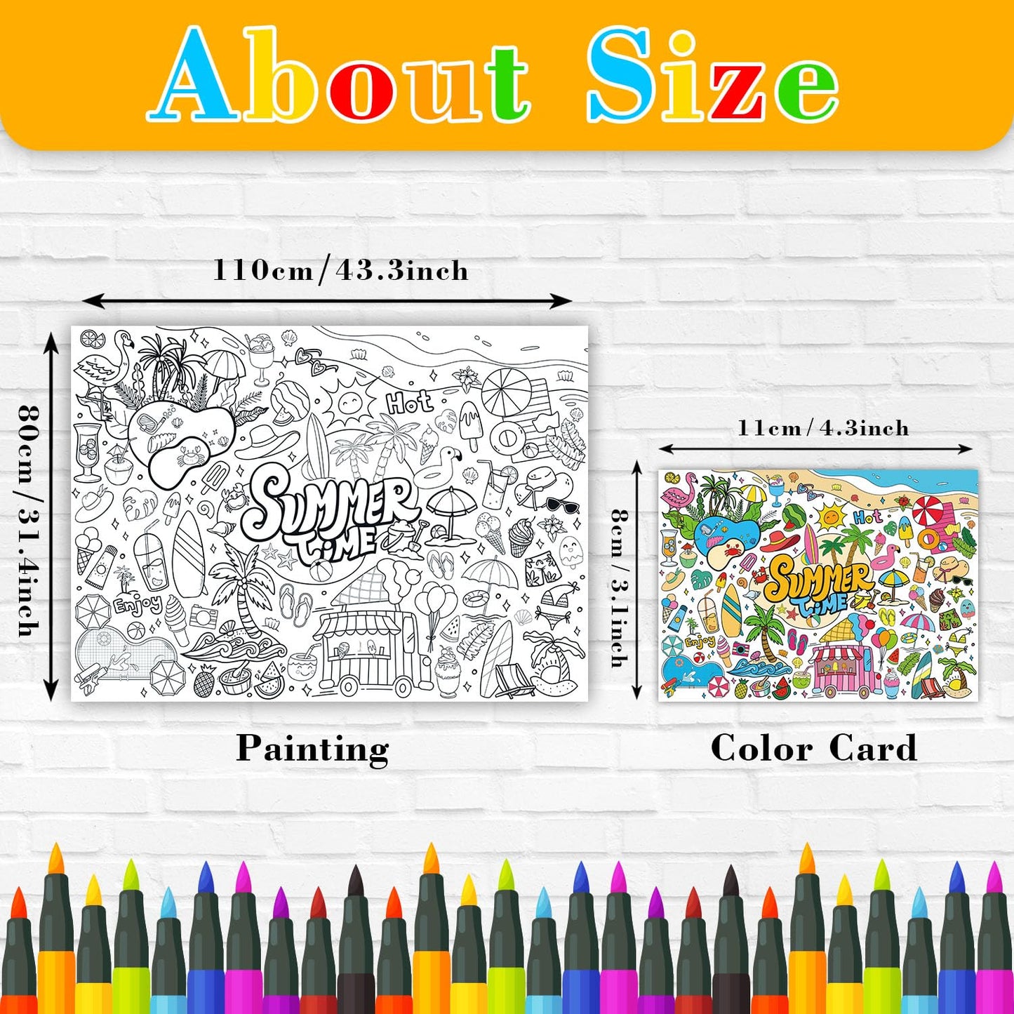 43.3x31.5" Summer Coloring Poster with Picture, Giant Summer Time Painting Poster, Large Coloring Tablecloth for Classroom Home Birthday Party Supplies Favor