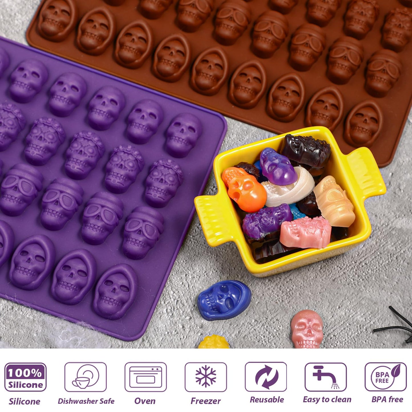 Webake Mini Skull Candy Mold with 4 Different Shapes, 36-Cavity Halloween Skull Silicone Chocolate Candy Mold for Gummy, Chocolate, Candy, Jello, Cupcake Decoration（2PCS）