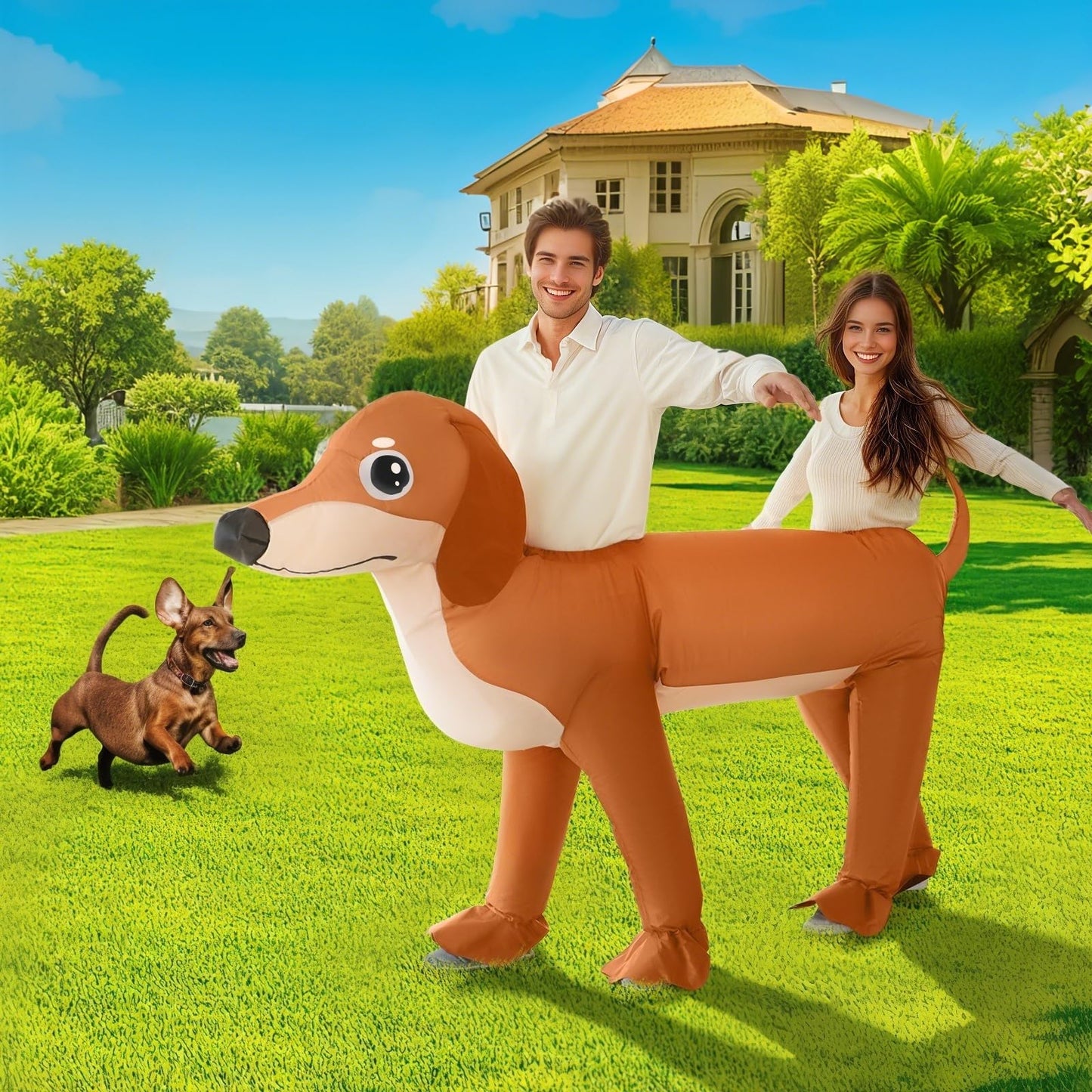 XYJKIDSES Couple Inflatable Dachshund Costume for Adult Halloween Blow Up Costumes 2 People Funny Dog Costumes for Men Women Cosplay