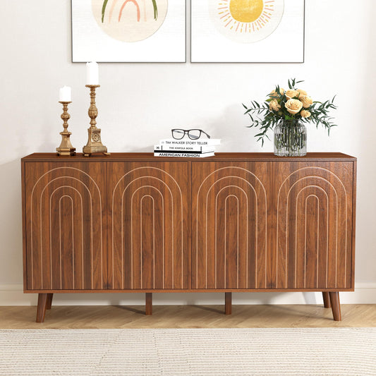 weselon 59" Buffet Cabinet with Storage, Modern Accent Sideboard Storage Cabinet with 4 Doors & Carving Lines, Wooden Coffee Bar Table Console for Living Room Kitchen Office and Hallway (Walnut)