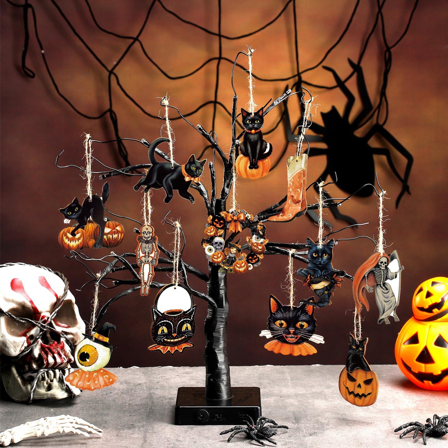 36 Pcs Halloween Ornaments with Ropes Halloween Wood Decor for Tree Pumpkin Skull Cat Wooden Decorations Hanging Ornaments Pendants for Home Party, 12 Styles