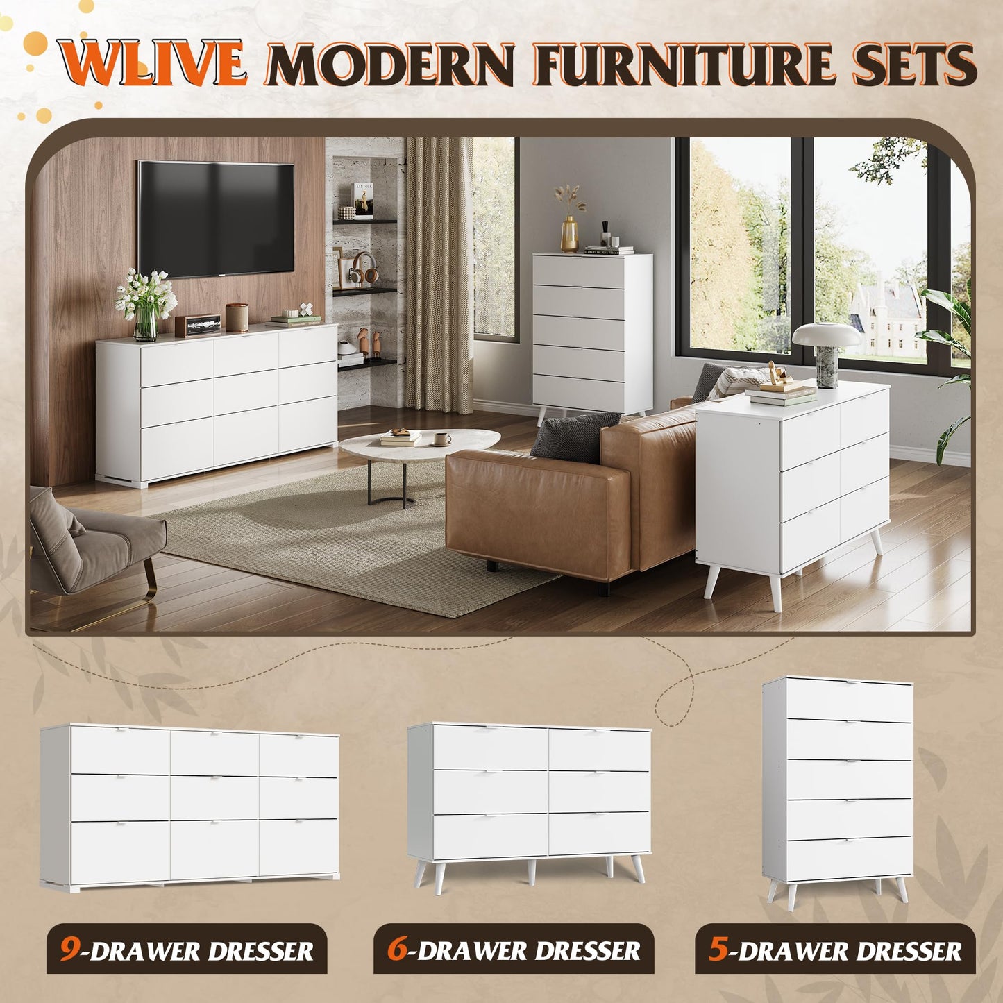 WLIVE 9 White Drawer Dressers, Modern Large Wood Dresser Chest for Bedroom Organize with Sturdy Metal Handle, TV Stand for 75 inch TV, Living Room Office, Hallway, Ball Bearing Slide (63" W)