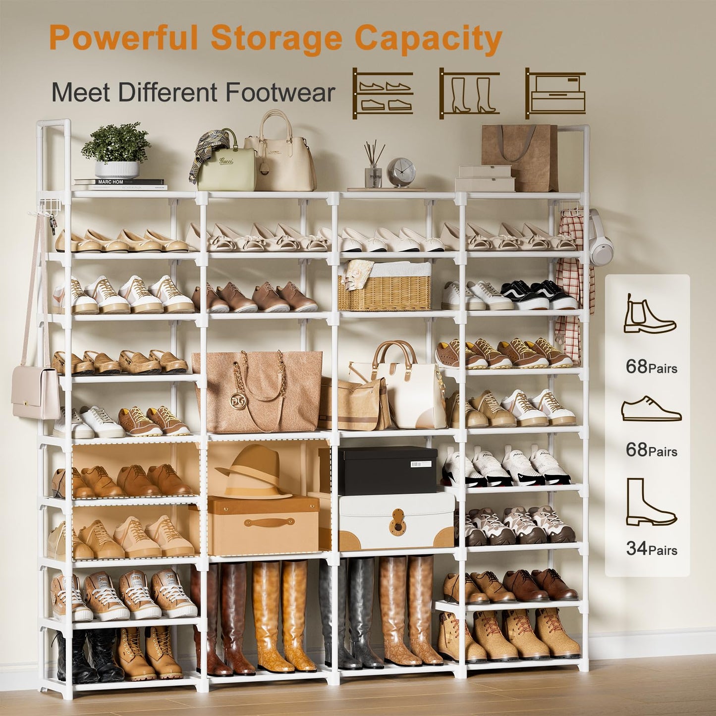 WOWLIVE 4 Row 10 Tiers Extra Large Shoe Rack 72-80 Pairs Big Tall Metal Shoe Shelf, Heavy Duty Organizer for Closet Entryway, Boot Rack Storage Stackable Stand for Garage White