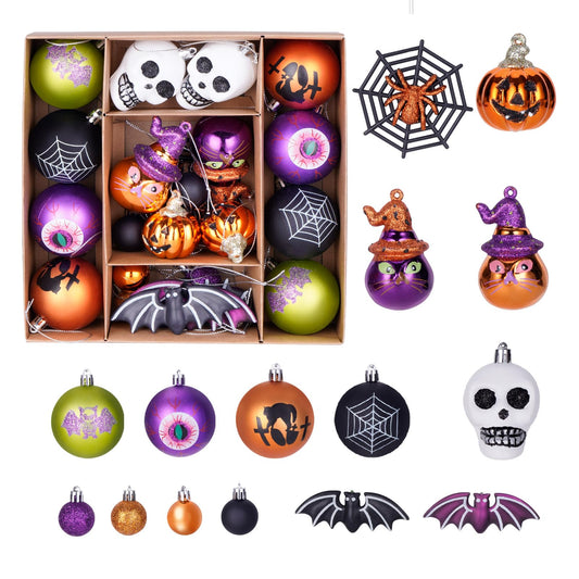 28Pcs Halloween Ball Ornaments Set, Shatterproof Hanging Halloween Tree Ornaments with Spider, Pumpkin, Skull Design for Indoor&Outdoor Holiday Party Decoration