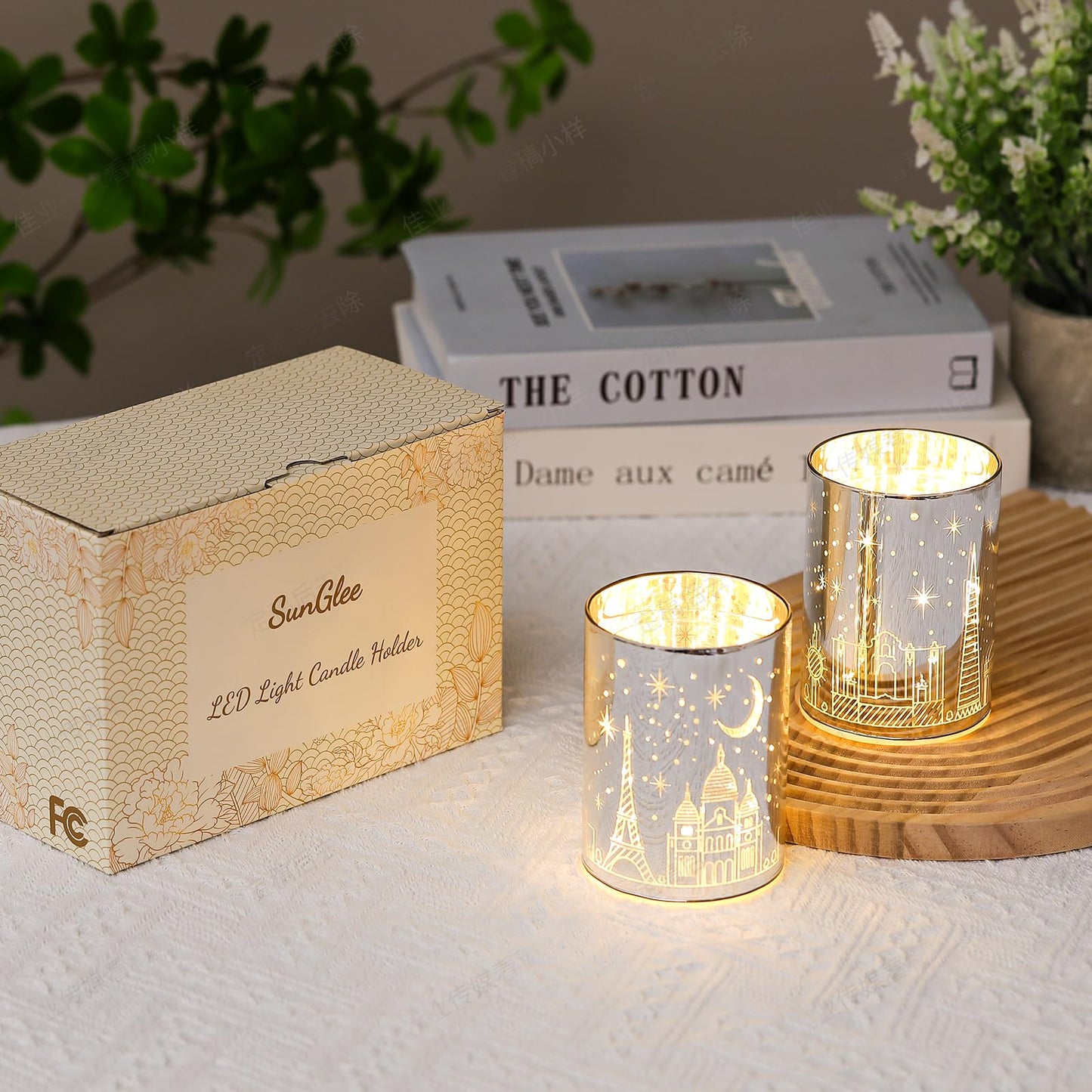 Votive Candle Holders, SunGlee Tealight Candle Holder with Gift Box, Glass Candle Holder with LED Light for Table Centerpieces, Tea Party, Wedding, Birthday, Various Themed Parties Table Decor 2Pack