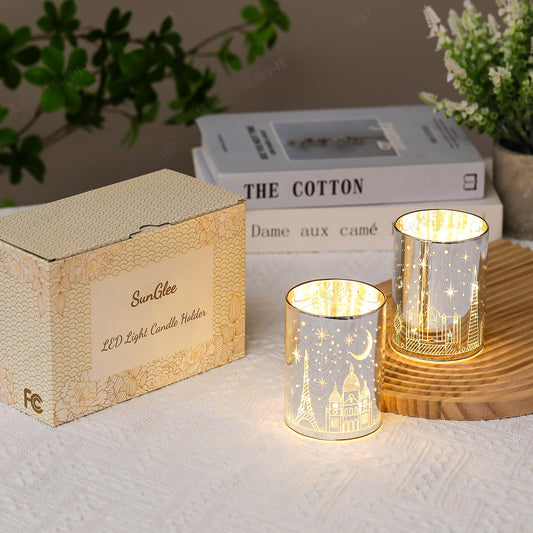 Votive Candle Holders, SunGlee Tealight Candle Holder with Gift Box, Glass Candle Holder with LED Light for Table Centerpieces, Tea Party, Wedding, Birthday, Various Themed Parties Table Decor 2Pack