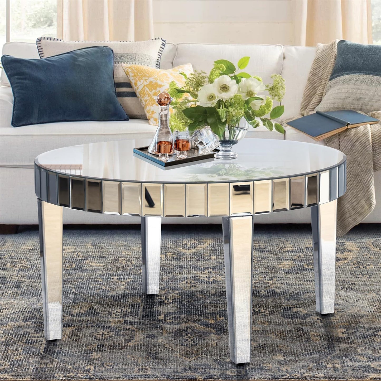 31.5in Round Mirrored Coffee Table, Wood Frame Glass Top Cocktail Coffee Table for Living Room Office, Modern Home Decor Sparkling Circular Sofa Center Table (Silver, 31.3''Lx31.3''Wx17.7''H)